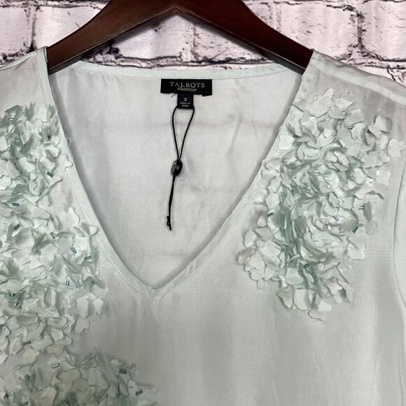 Talbots Silk Cap Sleeve Beaded V-Neck Embellished Dressy Top Mint 2 - Picture 3 of 11
